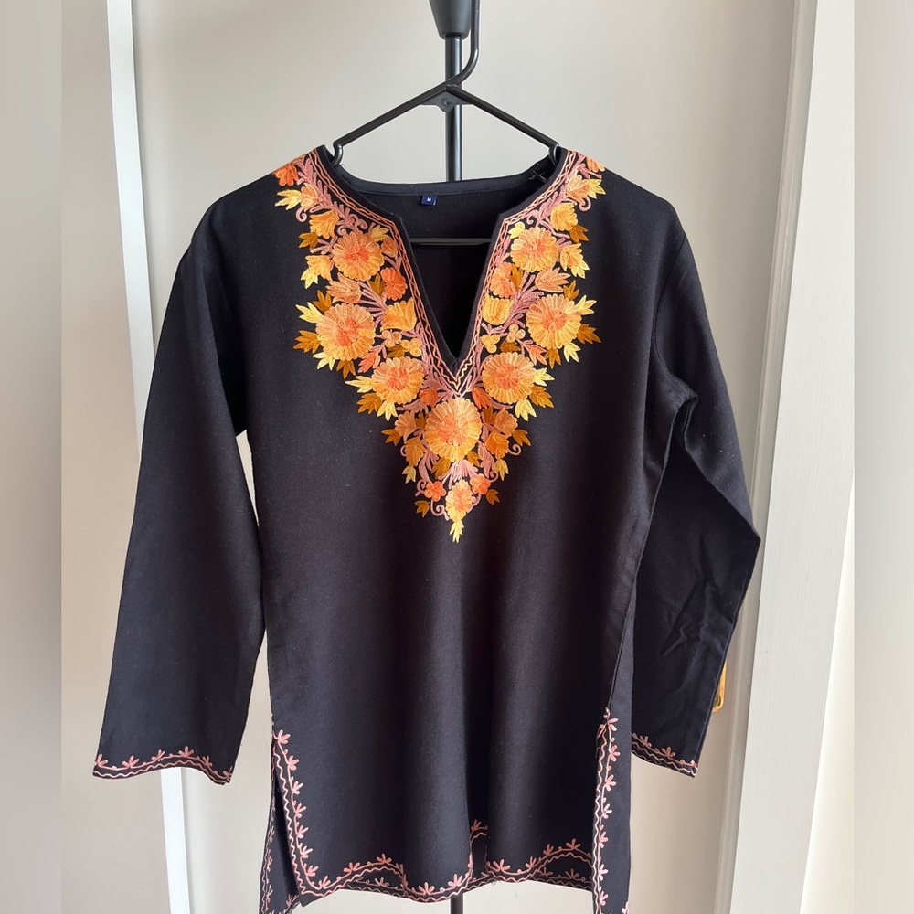 New Black 100% wool Tunic Short Kurta Kashmir embroidery Peach 🍑 Orange Yellow M